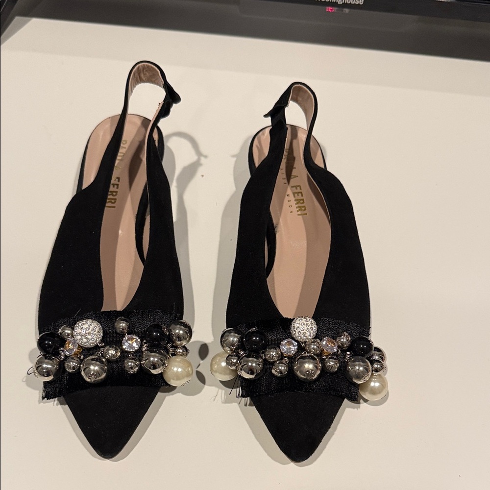Chic Black Embellished Slingback Heels, made in Italy US 7.5